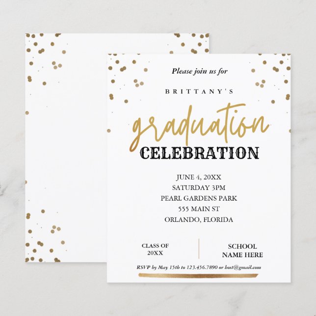 Lámina Invitación a graduación de oro elegante con guión  (Anverso / Reverso)