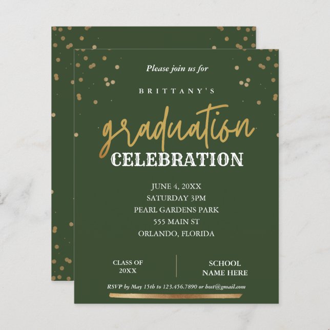 Lámina Invitación a graduación de Sage y Oro de Script Mo (Anverso / Reverso)