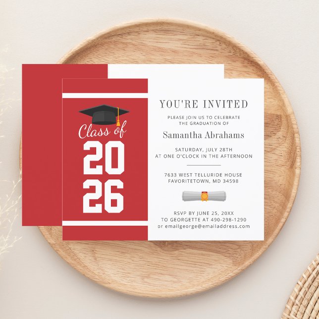 Lámina Invitación a graduación de Simple Red White 2025 (Graduation 2025 Red White Typography Party Invitation)