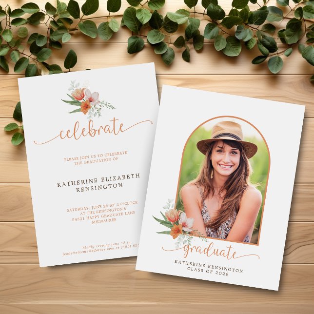 Lámina Invitación a graduación del Boho Arch floral de pr (Budget Floral Boho Arch Graduation Invitation)