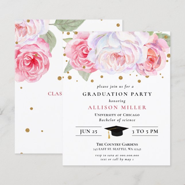 Lámina Invitación a graduación floral de oro rosado de pr (Anverso / Reverso)