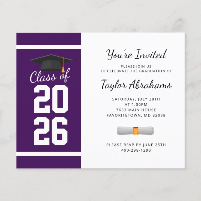 Lámina Invitación a graduación simple en blanco morado (Anverso)