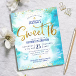 Lámina Invitación a guión dorado de color azul dulce 16<br><div class="desc">"Feliz dulce 16". Envíe esta impresionante, brillante, alegre, festiva, moderna, personalizada, personalizado de presupuesto para una fiesta que recordar. Relieve metalizado de imitación dorado espumoso y pequeños puntos purpurinas de confetti y escritura tipográfica superponen un fondo de color azul turquesa. Personalice el texto del personalizado con el nombre de su...</div>