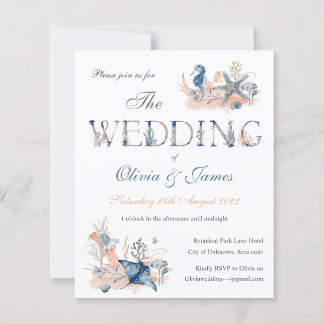 Lámina Invitación a la boda acuática azul acuática (Anverso)