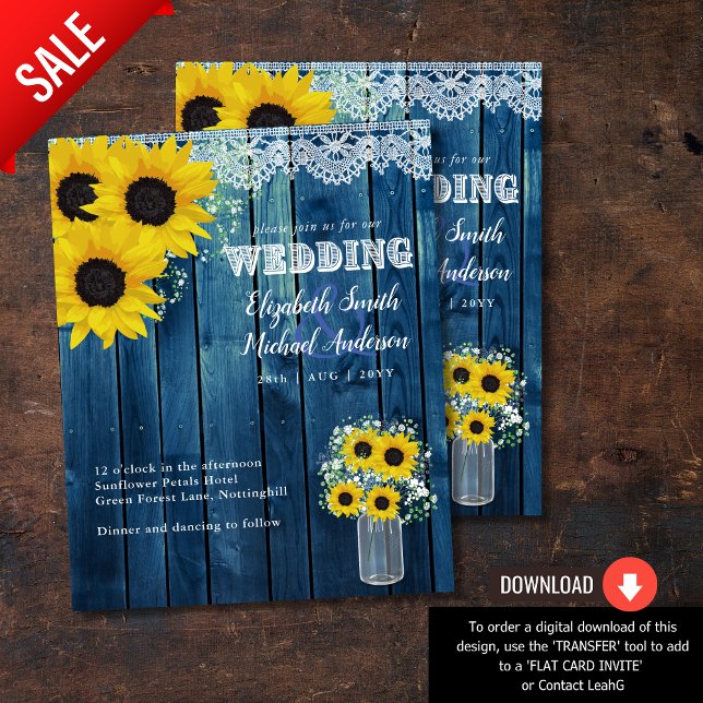Lámina Invitación a la boda amarilla azul de girasol rúst (Subido por el creador)