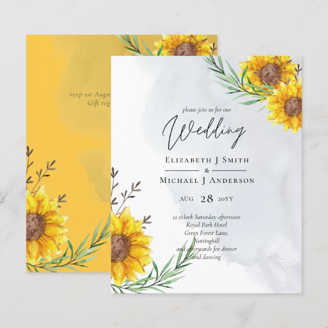 Lámina Invitación a la boda amarilla de girasol con un pr (Anverso / Reverso)
