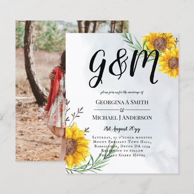 Lámina Invitación a la boda amarilla de girasol con un pr (Anverso / Reverso)