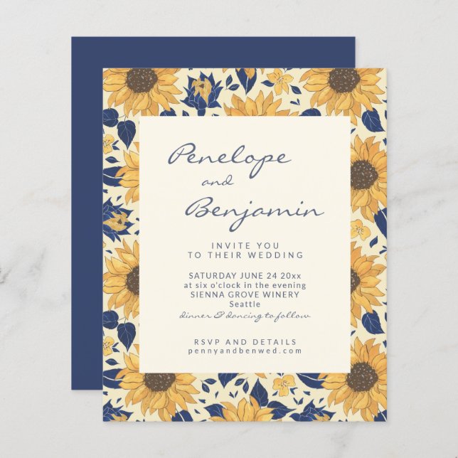 Lámina Invitación a la boda azul amarilla de girasol rúst (Anverso / Reverso)