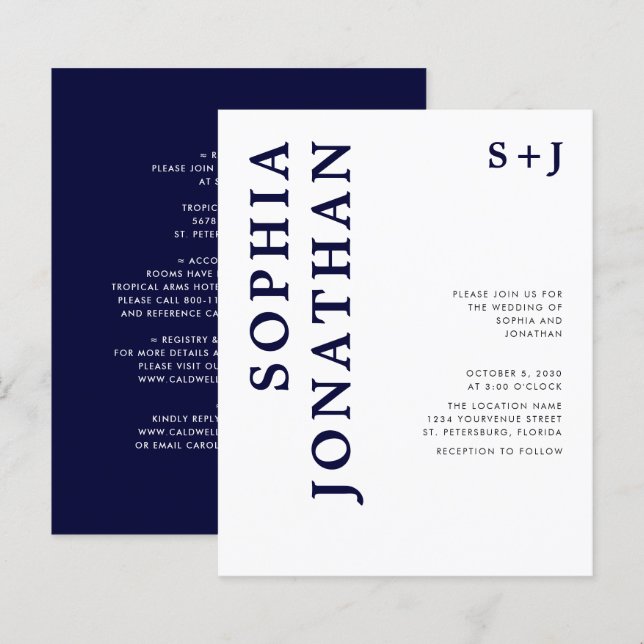 Lámina Invitación a la boda azul de la marina (Anverso / Reverso)