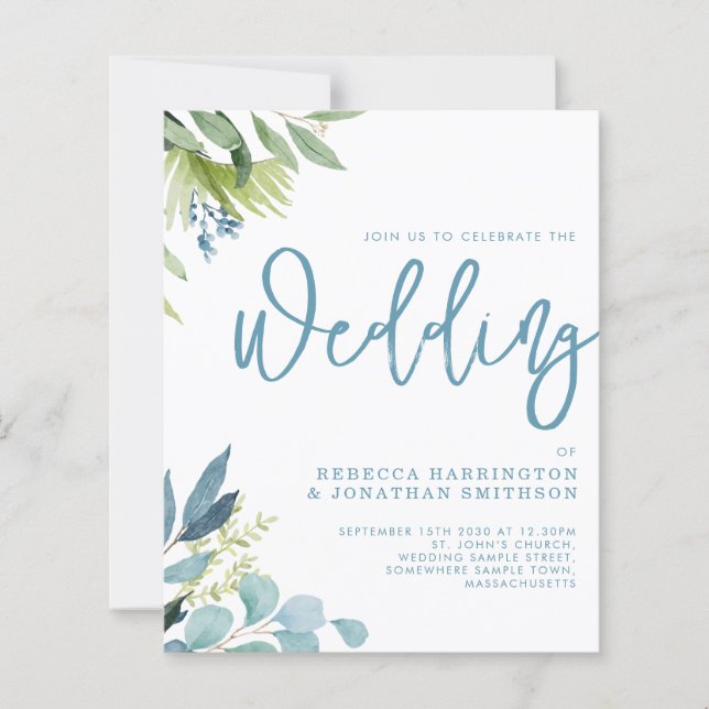 Lámina Invitación a la boda azul de la vegetación del pre (Anverso)