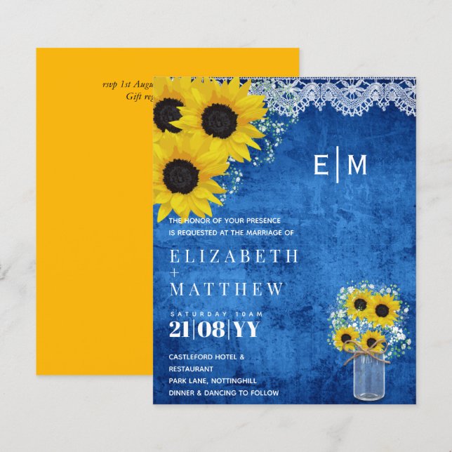 Lámina Invitación a la Boda Azul de Sunflowers Rústicos d (Anverso / Reverso)