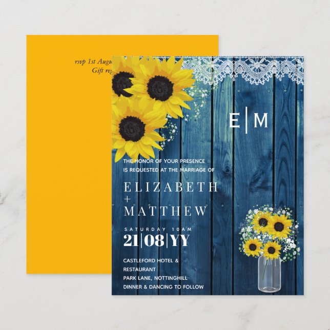 Lámina Invitación a la Boda Azul de Sunflowers Rústicos d (Anverso / Reverso)