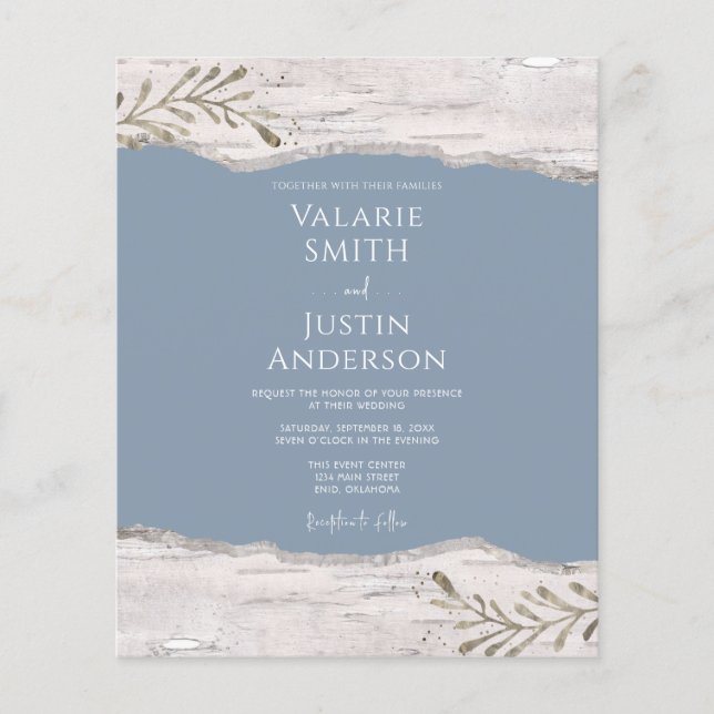 Lámina Invitación a la Boda Azul Dusty de Madera Birch (Anverso)
