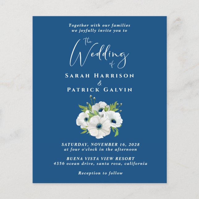 Lámina Invitación a la Boda Azul Floral de Agua Presupues (Anverso)
