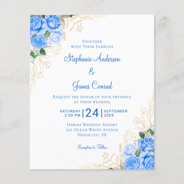 Lámina Invitación a la Boda Azul Floral de Agua Presupues (Anverso)