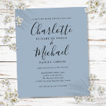 Lámina Invitación a la boda azul turbia con guión de pres<br><div class="desc">Con nombres de estilo característico,  esta elegante invitación a una boda azul polvorienta con presupuesto puede ser personalizada con su información en letras de moda. Diseñado por Thisisnotme©</div>
