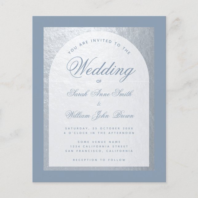 Lámina Invitación a la boda azul turbia del arco de plata (Anverso)