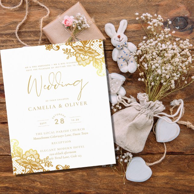 Lámina Invitación a la boda blanca de encaje dorado Clási (Subido por el creador)