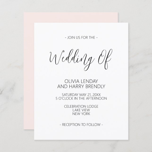 Lámina Invitación a la boda blanca rosada Rubor elegante  (Anverso / Reverso)