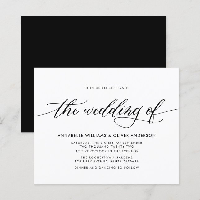 Lámina Invitación a la boda blanca y negra clásica de pre (Anverso / Reverso)