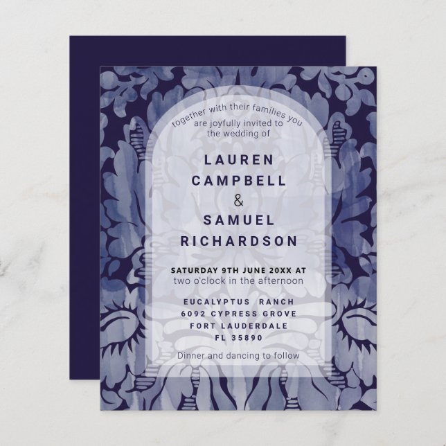 Lámina Invitación a la boda Blue Damask de la Marina Eleg (Anverso / Reverso)