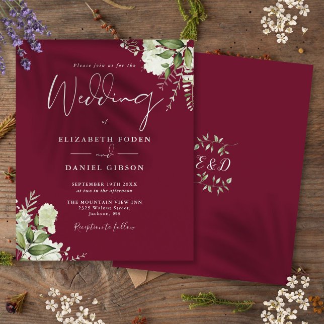 Lámina Invitación a la Boda Borgoña de Verdor Presupuesta (Budget Greenery Burgundy Wedding Invitation)