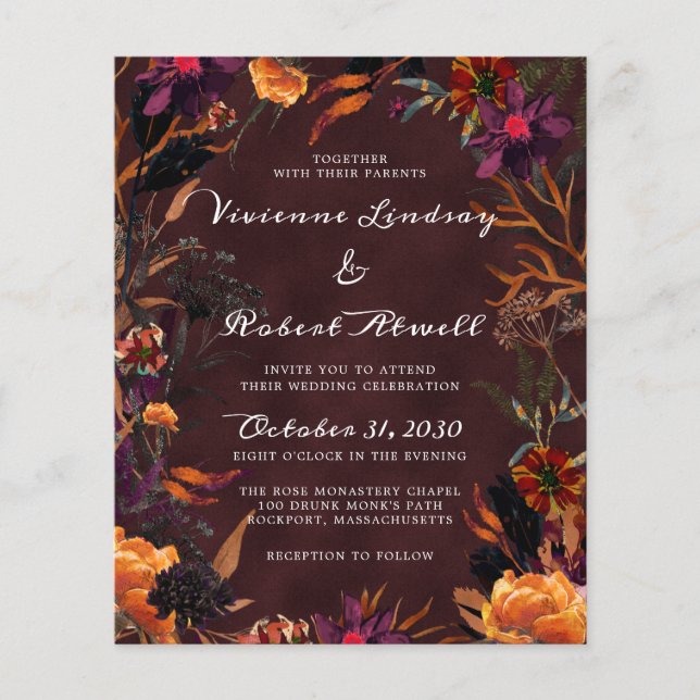 Lámina Invitación a la boda borgoñona floral de otoño (Anverso)