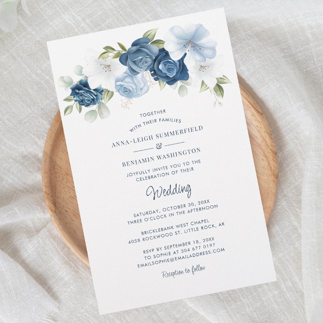 Lámina Invitación a la Boda Botánica Azul Dusty Floral (Dusty Blue Floral Watercolor Script Wedding Invitation)