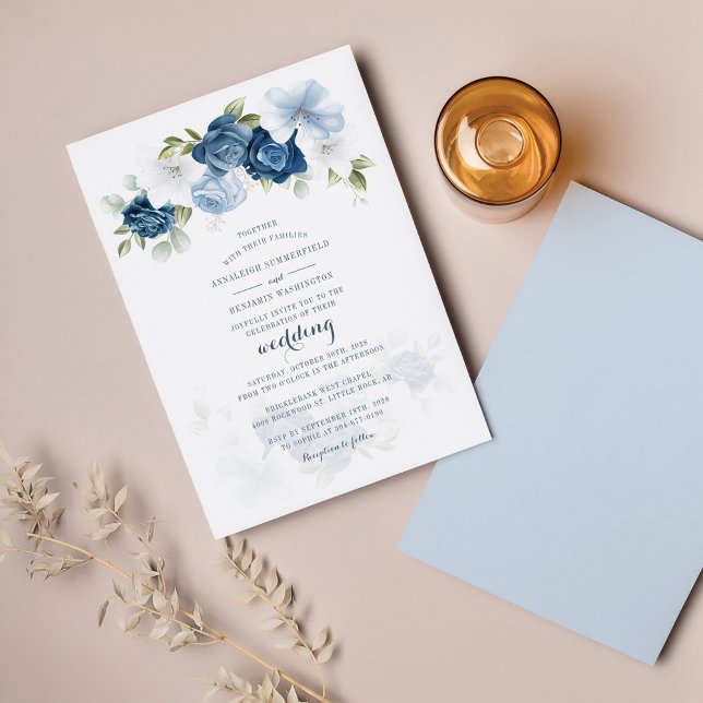 Lámina Invitación a la boda botánica azul fuerte y floral (Subido por el creador)
