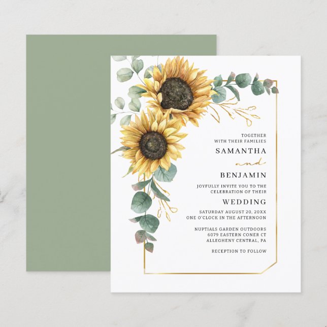 Lámina Invitación a la boda botánica de girasol floral (Anverso / Reverso)