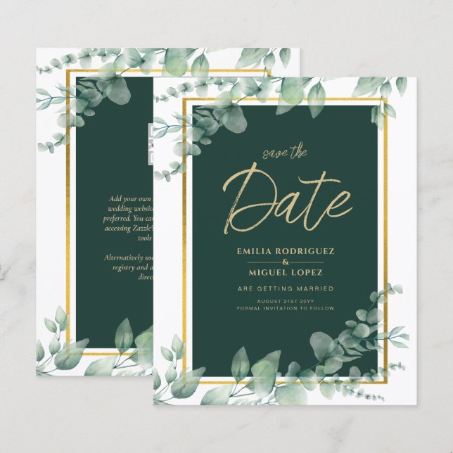 Lámina Invitación a la Boda Botánica de Oro Verde Esmeral (Anverso / Reverso)