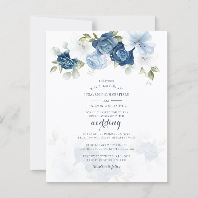 Lámina Invitación a la boda botánica floral azul y agitad (Anverso)