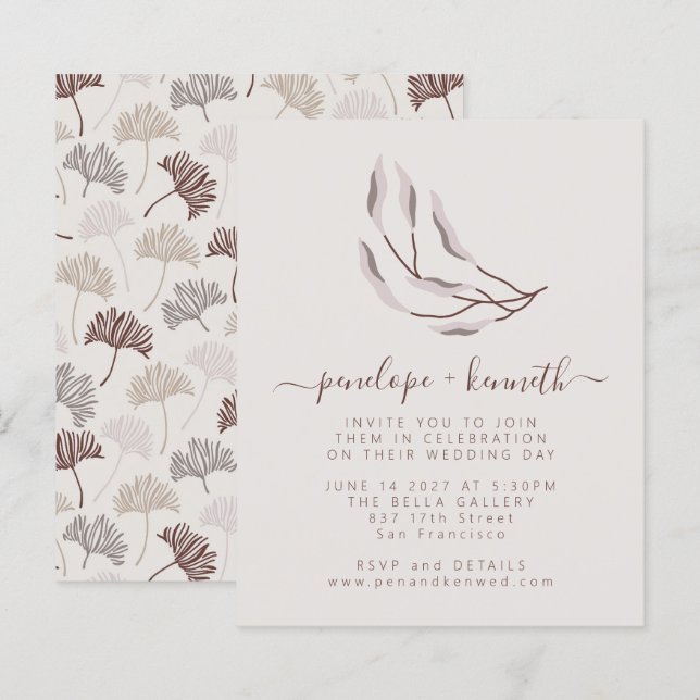 Lámina Invitación a la boda botánica neutral de naturalez (Anverso / Reverso)