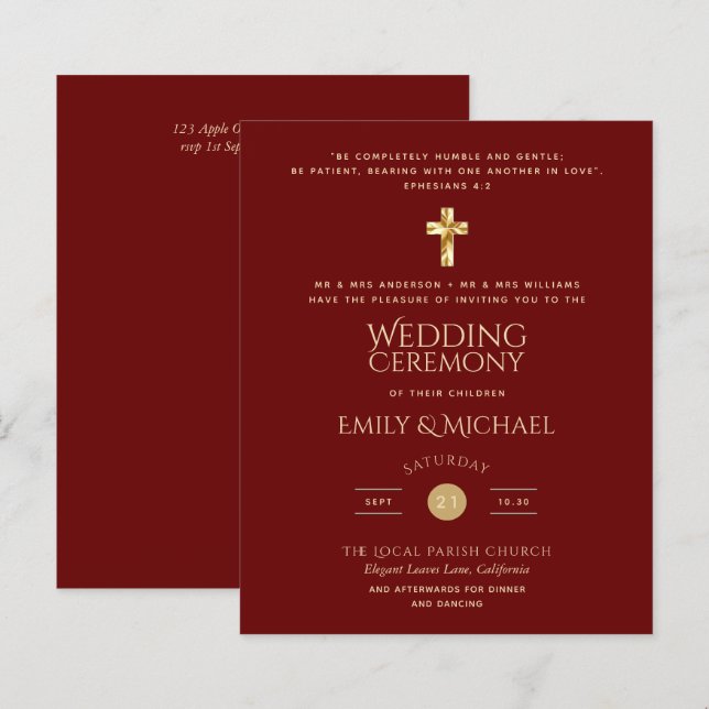 Lámina Invitación a la boda católica borgoñona de oro pre (Anverso / Reverso)