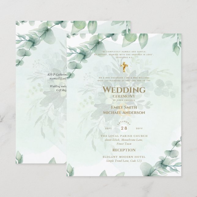 Lámina Invitación a la boda católica Verdor Botánico (Anverso / Reverso)