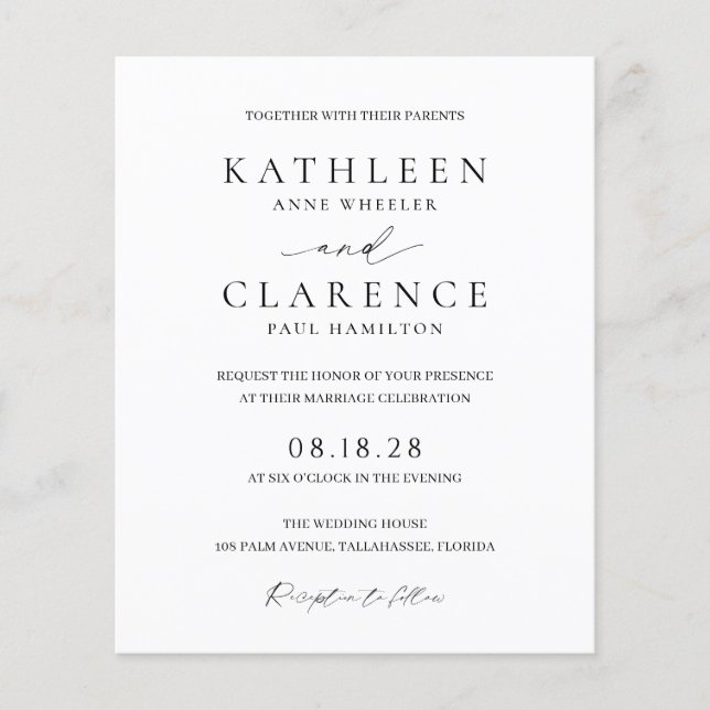 Lámina Invitación a la boda clásica blanca y negra (Anverso)