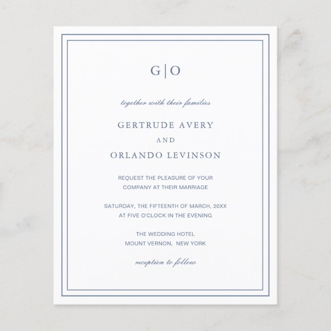 Lámina Invitación a la boda clásica de un presupuesto azu (Anverso)