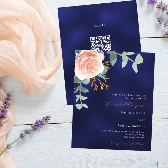 Lámina Invitación a la boda con presupuesto QR RSVP azul  (Subido por el creador)