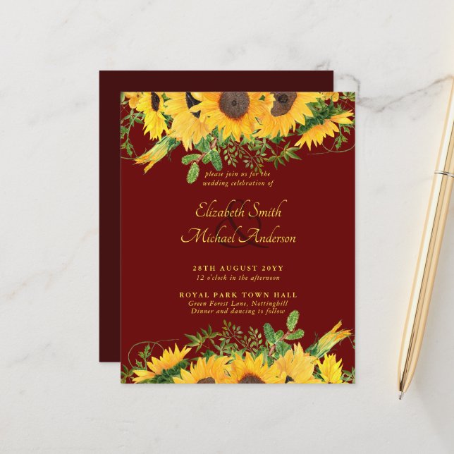 Lámina Invitación a la boda con temas de girasol rústico (Anverso/Reverso In Situ)