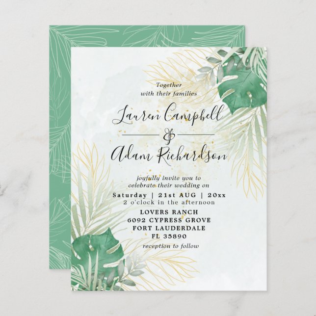 Lámina Invitación a la boda de acuarela tropical de presu (Anverso / Reverso)