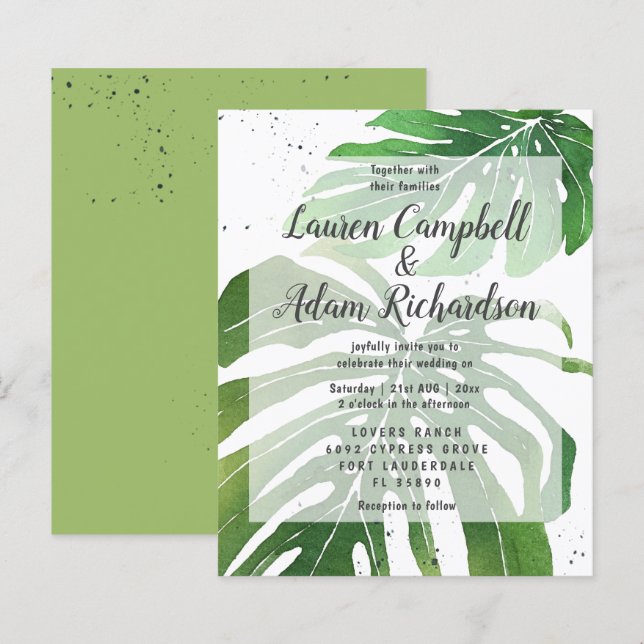 Lámina Invitación a la boda de acuarela tropical de presu (Anverso / Reverso)