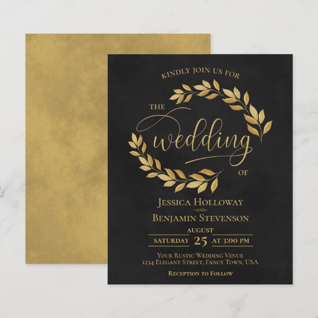 Lámina Invitación a la boda de Black & Gold BUDGET con ho (Anverso / Reverso)