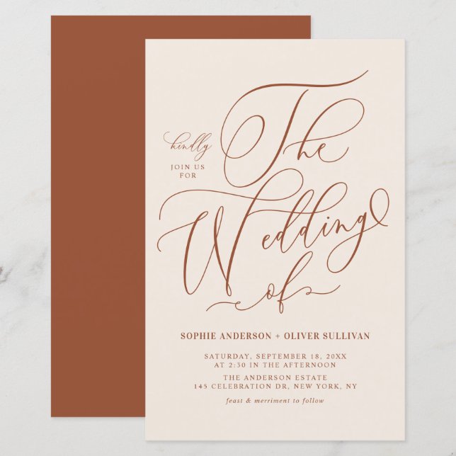 Lámina Invitación a la boda de Boho Calligraphy Terracott (Anverso / Reverso)