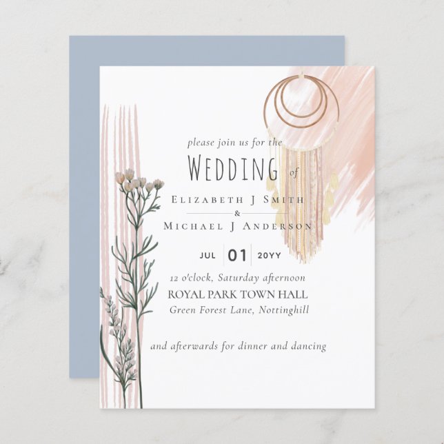Lámina Invitación a la boda de BOHO Dusty Blue Peach (Anverso / Reverso)