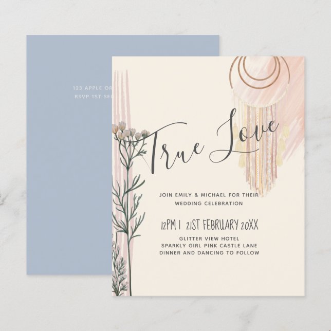 Lámina Invitación a la boda de BOHO Dusty Blue Peach (Anverso / Reverso)