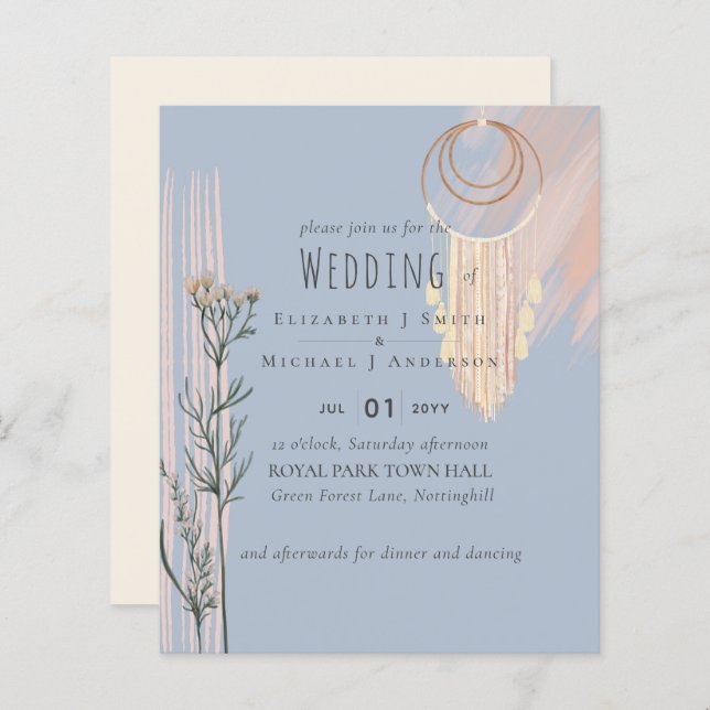 Lámina Invitación a la boda de BOHO Dusty Blue Peach (Anverso / Reverso)