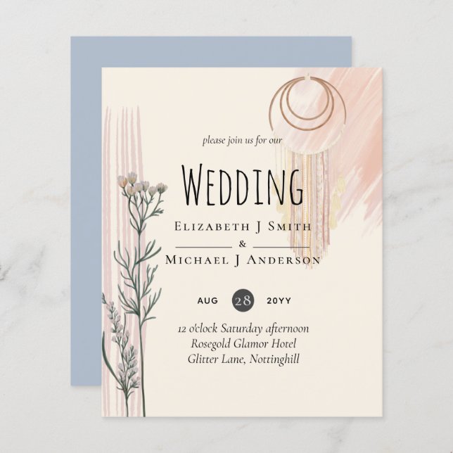Lámina Invitación a la boda de BOHO Dusty Blue Peach (Anverso / Reverso)