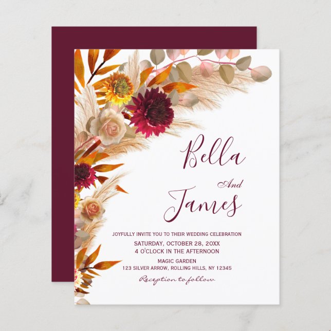 Lámina Invitación a la boda de Boho Floral de Grass Pampa (Anverso / Reverso)