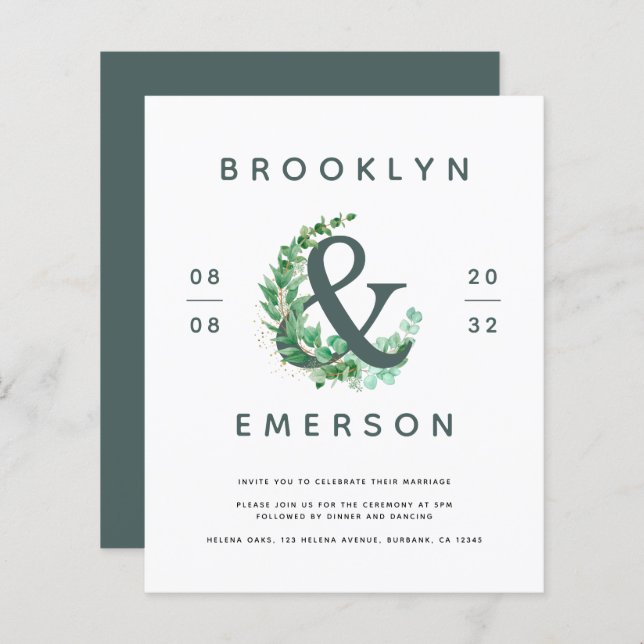 Lámina Invitación a la boda de Budget Ampersand Eucalyptu (Anverso / Reverso)