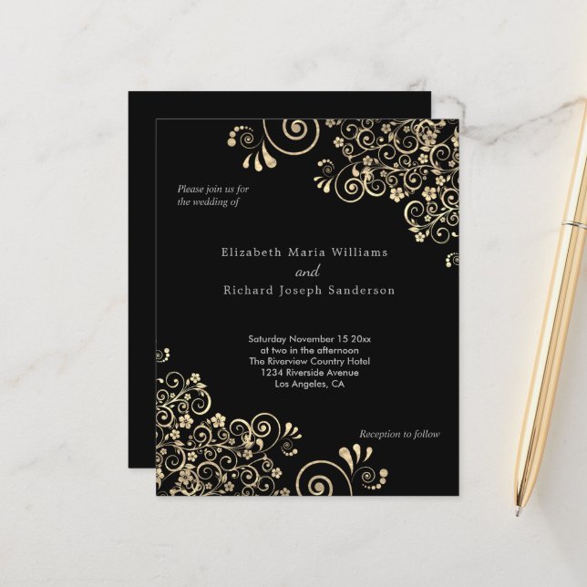 Lámina Invitación a la boda de Budget Black Gold Swirls (Anverso/Reverso In Situ)